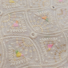 Pastel Color Embroidered Off-White Dyeable Georgette Fabric in Geometric & Scallope Pattern with Mirror Highlights