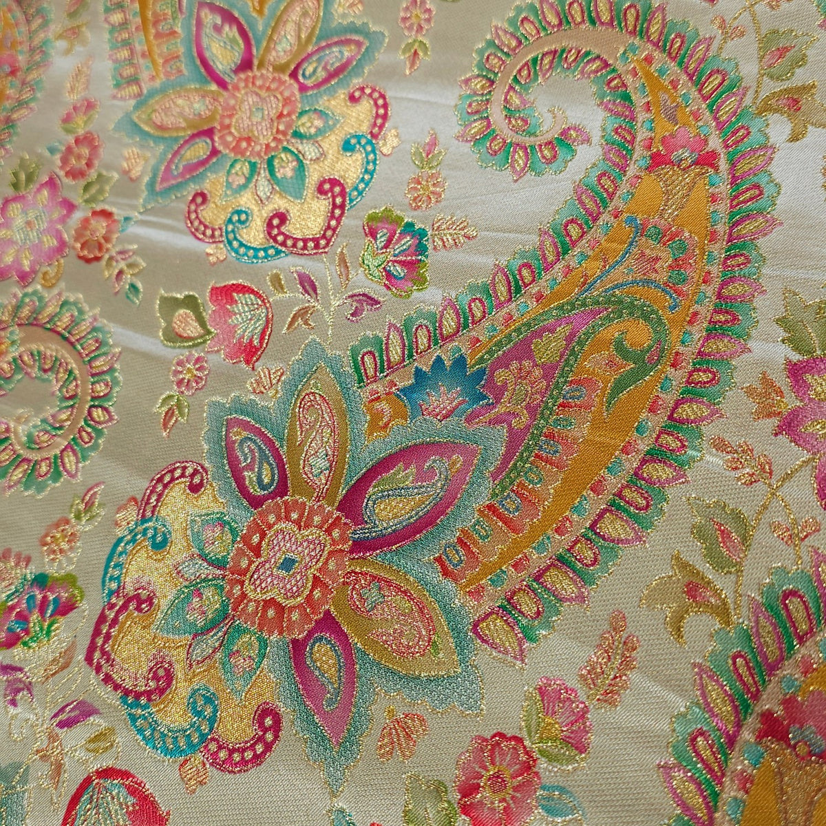 Pure Banarasi Dola Silk Soft Brocade with Position Print on Off-White Base