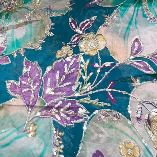 Peacock Green Organza Mahima Mahajan inspired with cutdana & sequin work with Floral Position Print