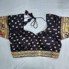 Embroidered Black Silk Brocade Blouse with Sweetheart Neckline