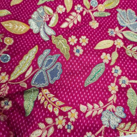 Embroidered Rani Pink Silk Brocade Blouse with Curvy V Neckline