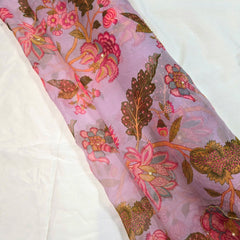 Multi-color Floral Digital Print on Lilac Organza Fabric with Handwork