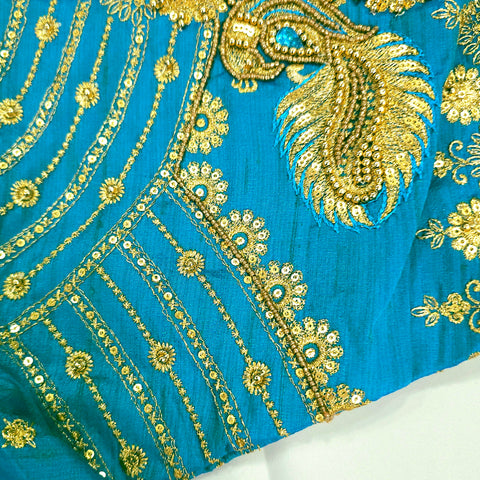 Embroidered Blue Raw Silk Blouse with Round Neckline