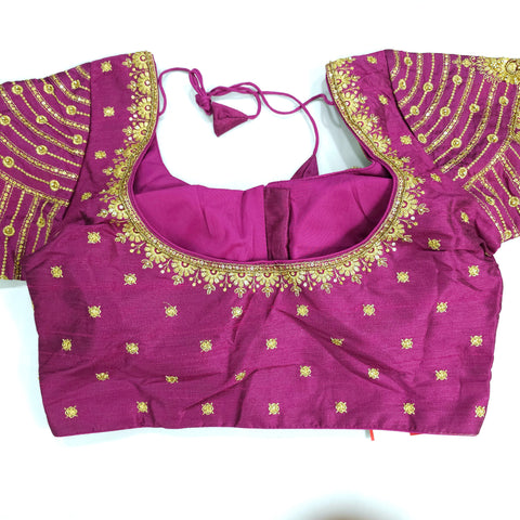 Embroidered Wine Raw Silk Blouse with Round Neckline