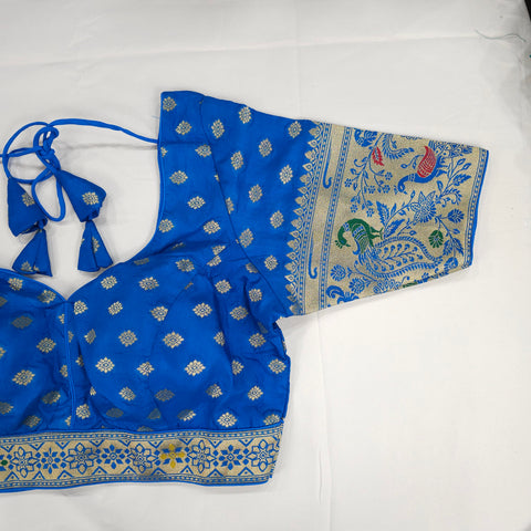 Embroidered Blue Silk Brocade Blouse with Sweetheart Neckline