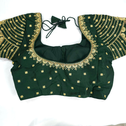 Embroidered Dark Green Raw Silk Blouse with Round Neckline