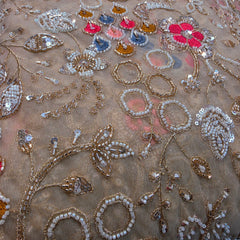 Multicolor Floral Embroidered Beige Net Fabric with White Beads, Cutdana & Sequins