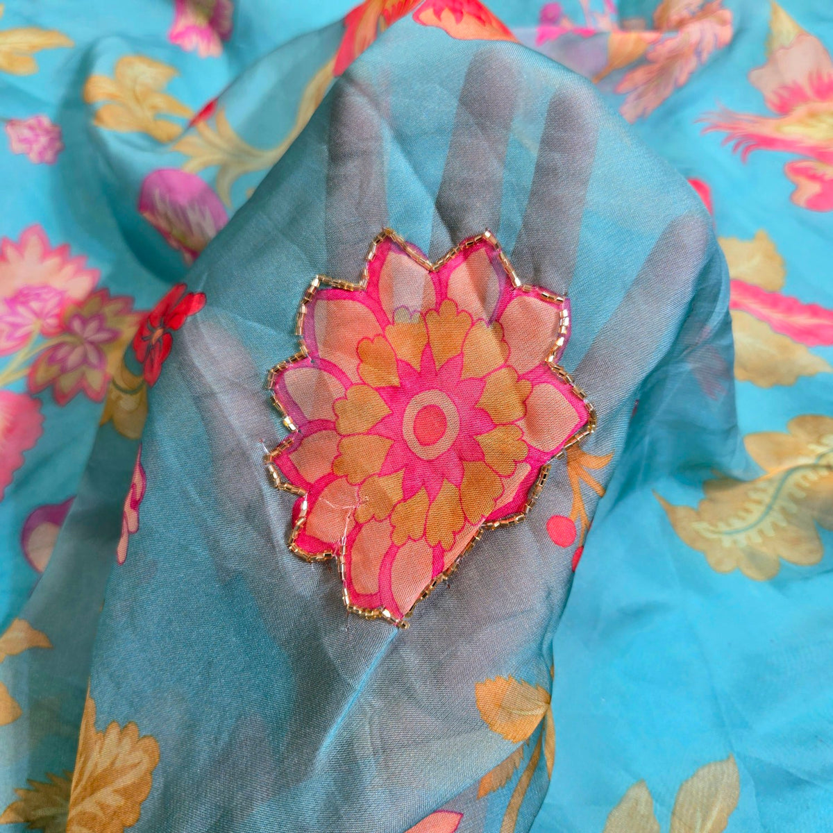 Multi-color Floral Digital Print on Sky Blue Organza Fabric with Handwork
