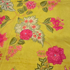 Multi-color Floral Digital Print on Pale Yellow Organza Fabric with Handwork