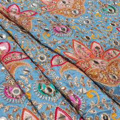 Ocean Blue Color Crepe Fabric with Multicolor Embroidery & Mirror Highlights