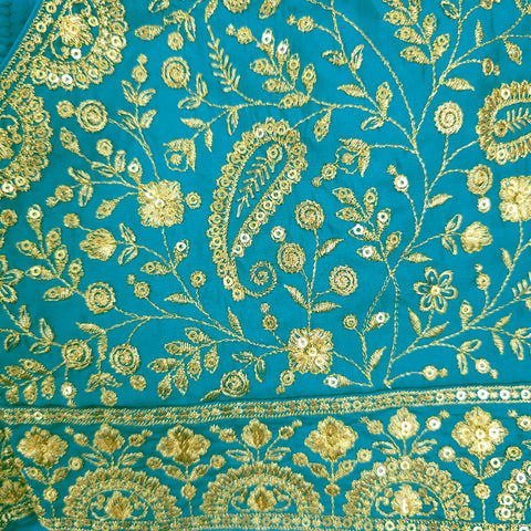 Embroidered Teal Blue / Firozi Blouse with Attached Sleeves and Curvy V Neckline