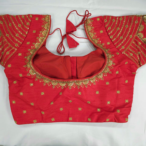 Embroidered Orange Raw Silk Blouse with Round Neckline