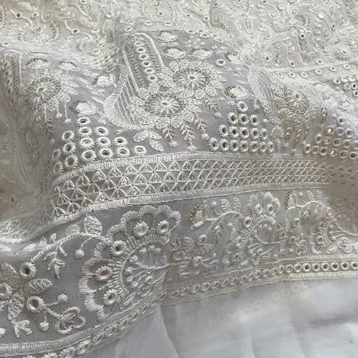 Embroidered White Dyeable Georgette with Floral Threadwork, Sequin Highlights & Border