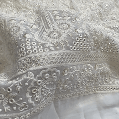 Embroidered White Dyeable Georgette with Floral Threadwork, Sequin Highlights & Border