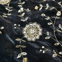 Mirha Hand Embroidered Black Organza Shimmer Tissue with Floral Sequin Embroidery