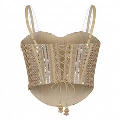 Designer Readymade Corset on Golden Organza Fabric with Mirror Work