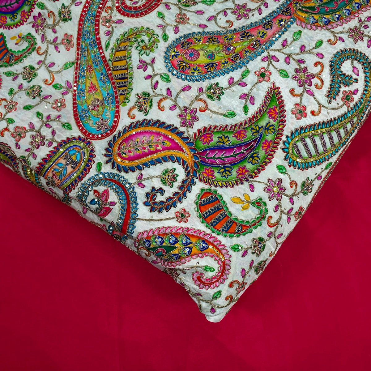 White Crepe Base Fabric with Multicolor Embroidery & Zari, Sequin work