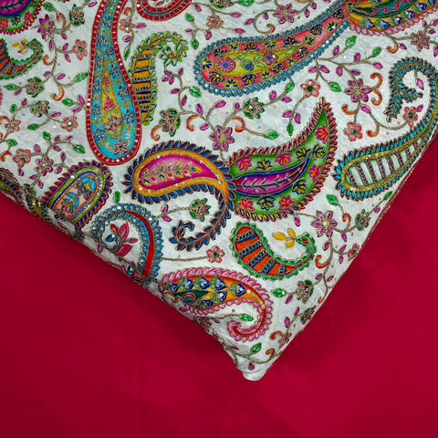 White Crepe Base Fabric with Multicolor Embroidery & Zari, Sequin work