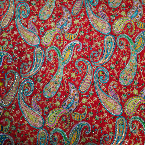 Bright Red Crepe Base Fabric with Multicolor Embroidery & Zari, Sequin work