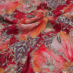 Red, Orange Organza Mahima Mahajan inspired with cutdana & sequin work with Floral Position Print