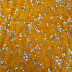 Mirha Hand Embroidered Yellow Golden Organza Shimmer Tissue with intricate Floral Sequin Embroidery