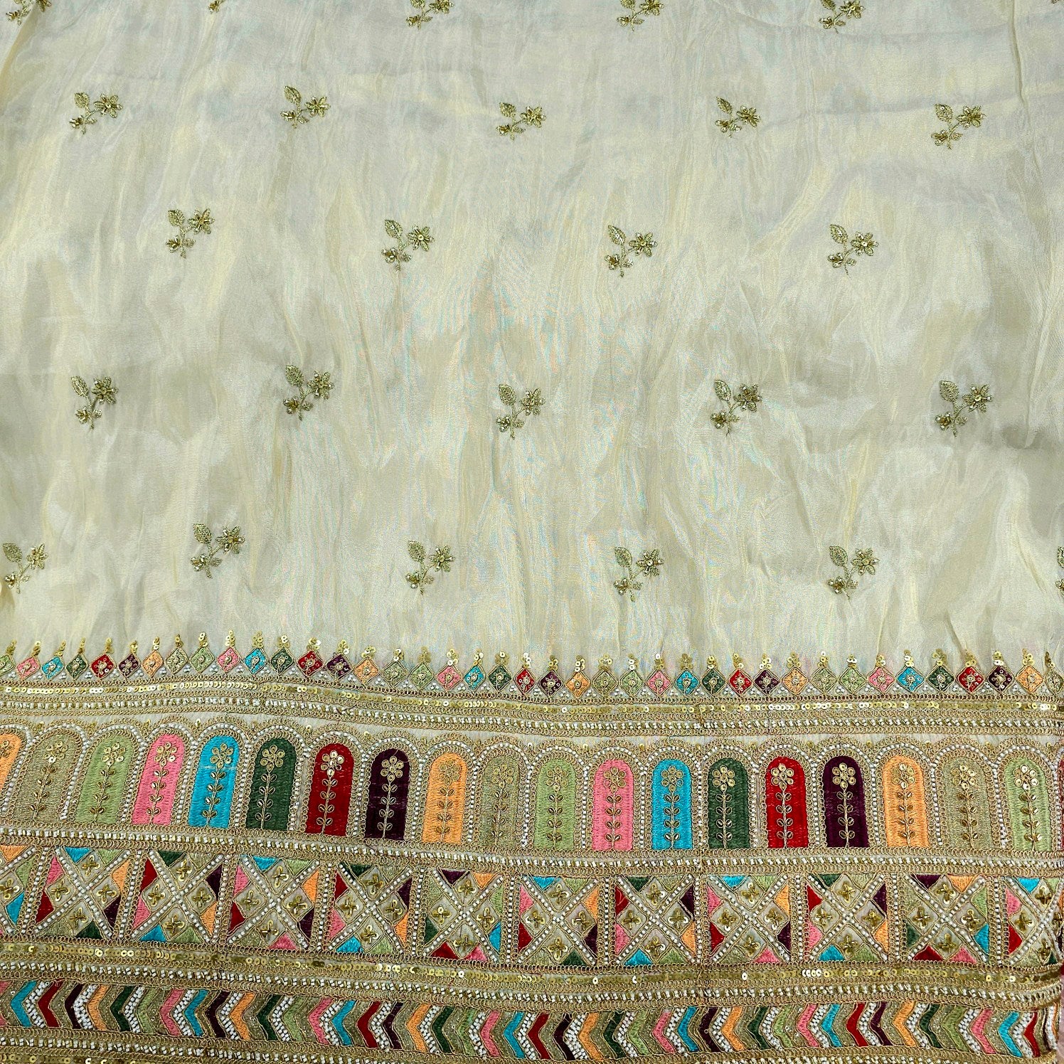 Nazm Hand Embroidered Dyeable Shimmer Tissue with Embroidered Multicolor Border
