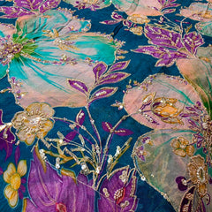 Peacock Green Organza Mahima Mahajan inspired with cutdana & sequin work with Floral Position Print