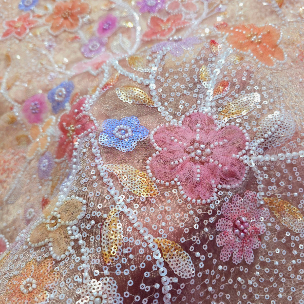 Embroidered Golden Organza with Floral Applique & Cutdana, Sequin Work