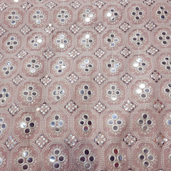 Peach Georgette Fabric with Intricate White Resam Embroidery and Mirrorwork