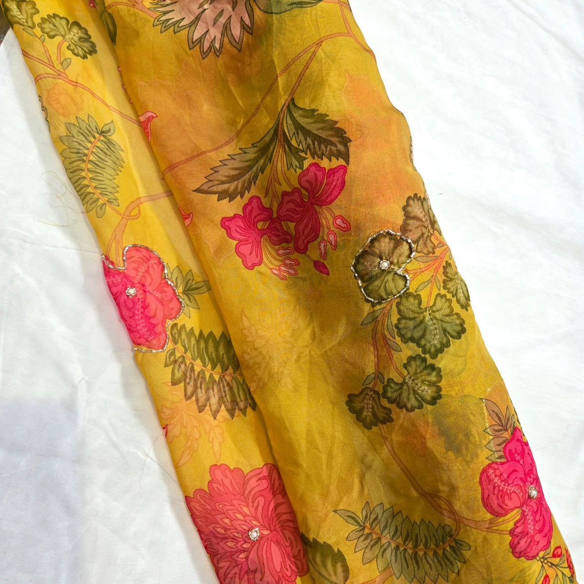 Multi-color Floral Digital Print on Pale Yellow Organza Fabric with Handwork