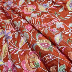 Multi-color Floral Resham work on Orange Soft Organza with Sequin Highlights