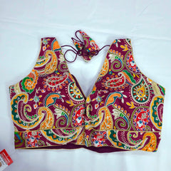 Embroidered Wine Blouse with Attached Sleeves and V Neckline