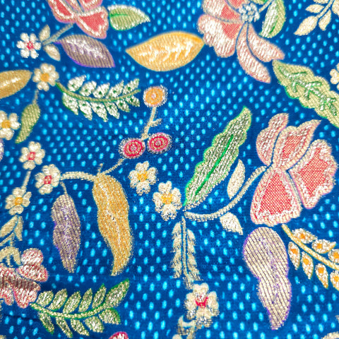 Embroidered Blue Silk Brocade Blouse with Curvy V Neckline