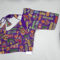 Embroidered Indigo (Violet) Blouse - Sweetheart Neckline with tie -up dori