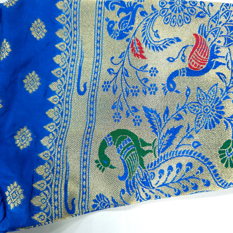 Embroidered Blue Silk Brocade Blouse with Sweetheart Neckline