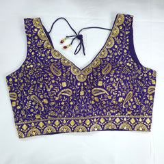Embroidered Purple Silk Blouse with Attached Sleeves and Curvy V Neckline