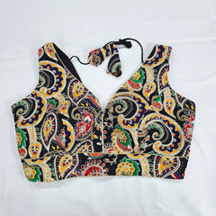 Embroidered Black Blouse with Attached Sleeves and V Neckline