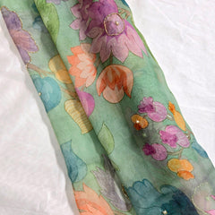 Multi-color Floral Digital Print on Mint Green Organza Fabric with Handwork