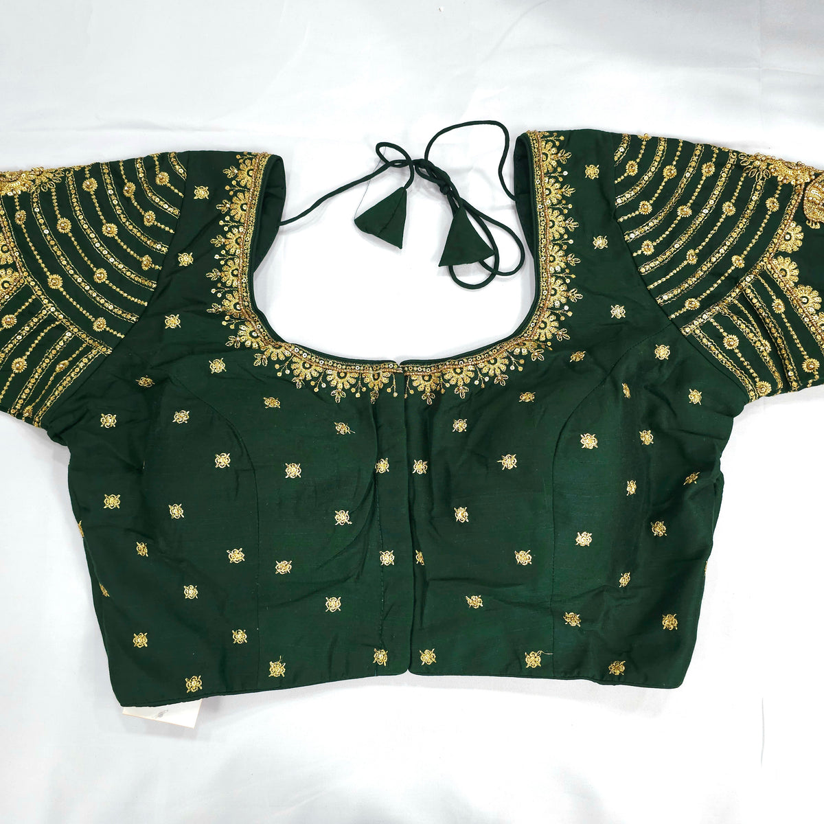 Embroidered Dark Green Raw Silk Blouse with Round Neckline
