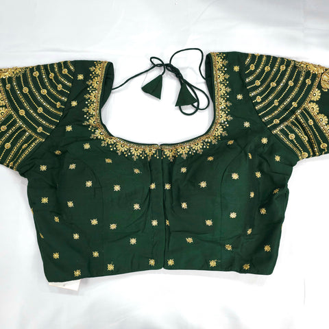 Embroidered Dark Green Raw Silk Blouse with Round Neckline