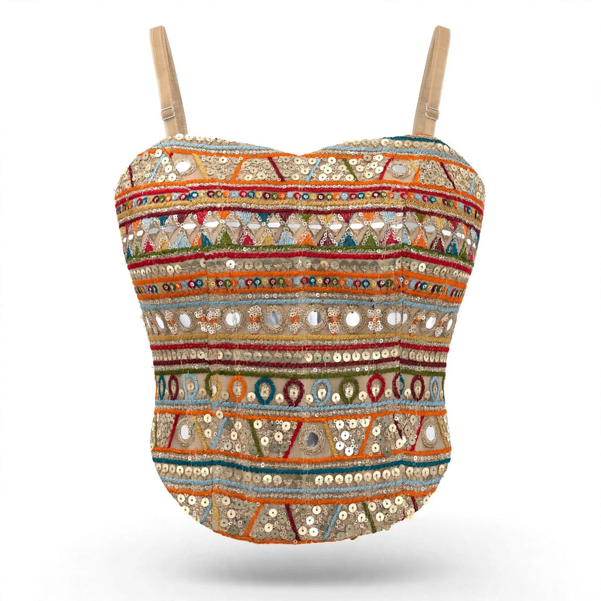 Designer Readymade Corset on Multi-color Embroidered Net Fabric with Mirror Work