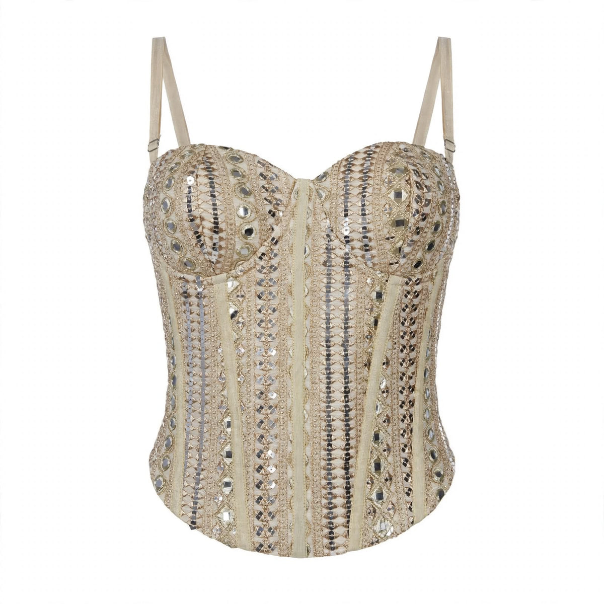 Designer Readymade Corset on Golden Organza Fabric with Mirror Work