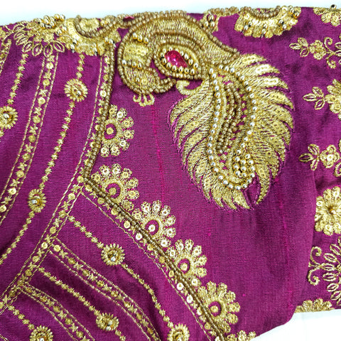 Embroidered Wine Raw Silk Blouse with Round Neckline