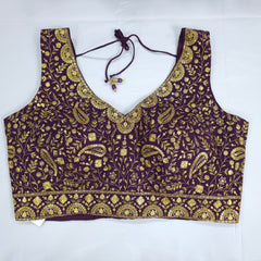 Embroidered Wine Silk Blouse with Attached Sleeves and Curvy V Neckline