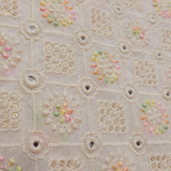 Pastel Color Embroidered Off-White Dyeable Georgette Fabric in Geometric Pattern with Mirror Highlights