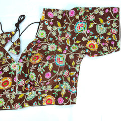 Embroidered Brown Blouse with Half Sleeves and V Neckline
