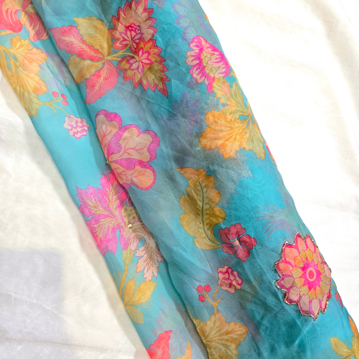 Multi-color Floral Digital Print on Sky Blue Organza Fabric with Handwork