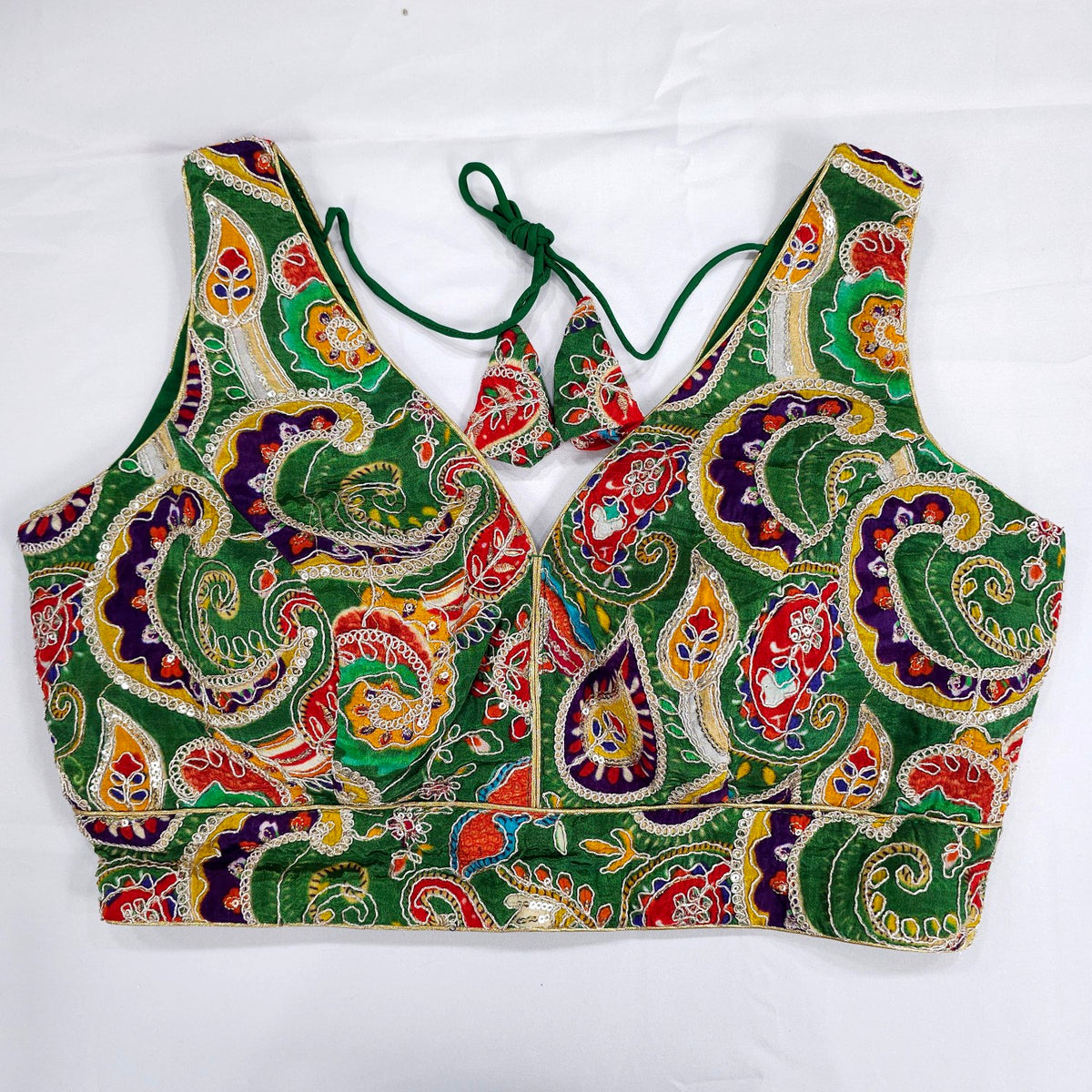 Embroidered Green Blouse with Attached Sleeves and V Neckline