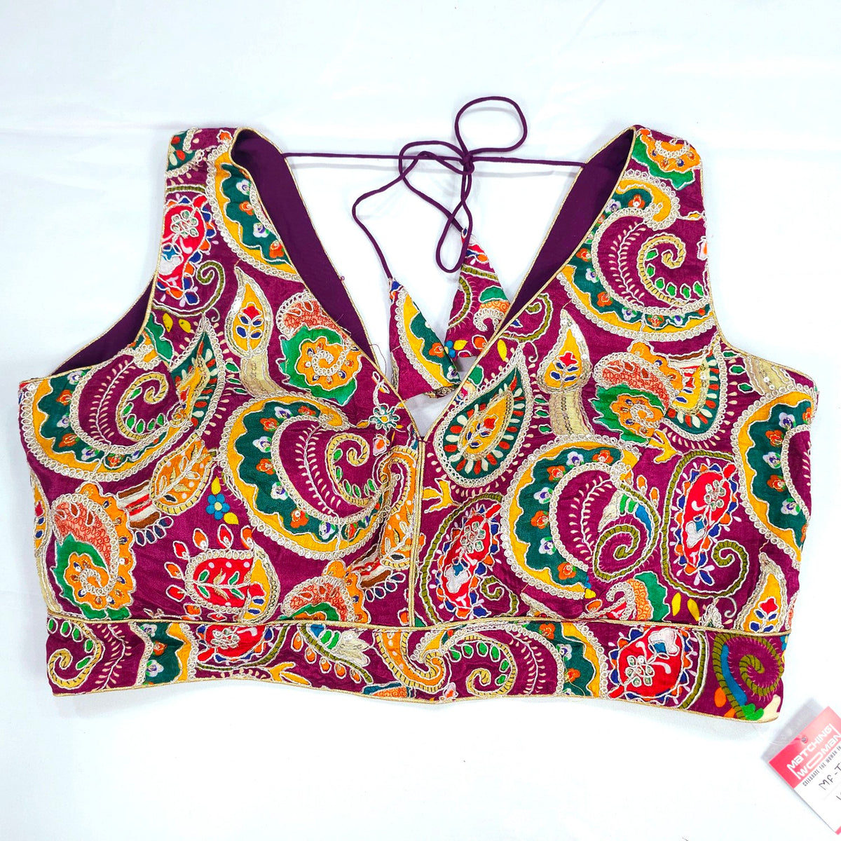 Embroidered Wine Blouse with Attached Sleeves and V Neckline