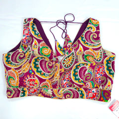 Embroidered Wine Blouse with Attached Sleeves and V Neckline